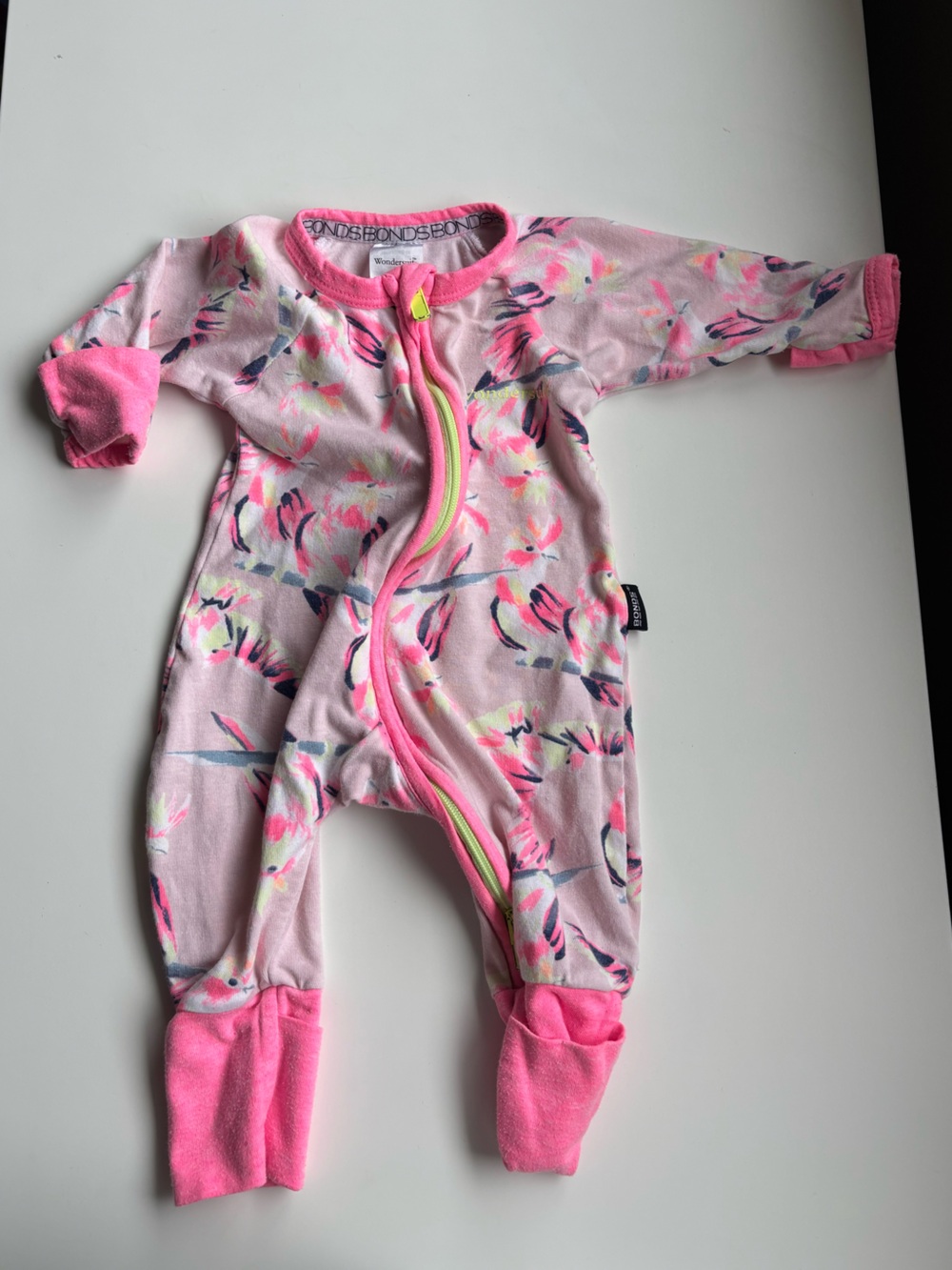 Bonds wondersuit newborn romper foldover feet and hands pink girly bird print